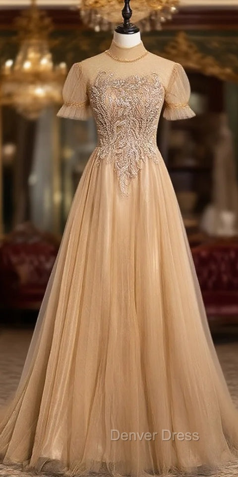 Champagne Tulle High Neck Backless Prom Dresses