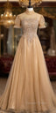 Champagne Tulle High Neck Backless Prom Dresses