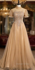 Champagne Tulle High Neck Backless Prom Dresses