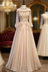 Champagne Tulle High Neck Long Sleeve Beading Prom Dresses