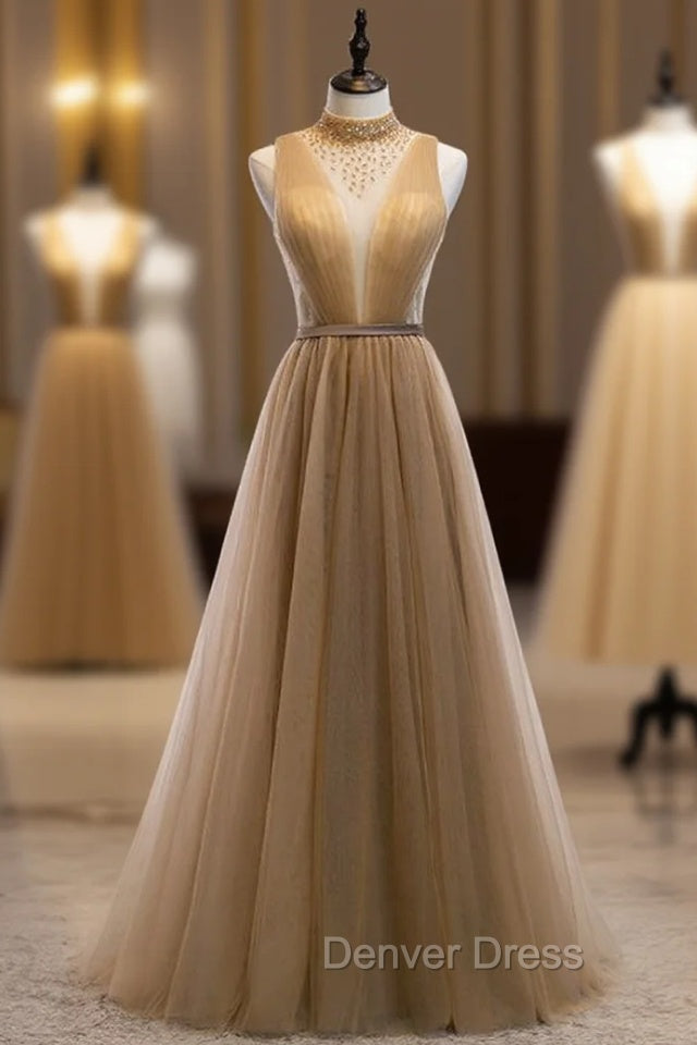 Champagne Tulle High Neck Pleats Beading Backless Long Prom Dresses Main image