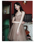 Champagne Tulle Knee Length Beaded Sweetheart Prom Dress, Short Homecoming Dress Prom Dresses