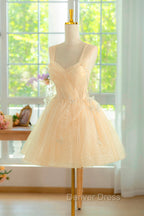 Champagne Tulle Knee Length Prom Dress, Lovely A Line Prom Homecoming Dresses