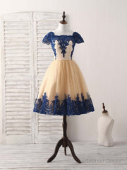 Champagne Tulle Lace Applique Short Prom Dress, Bridesmaid Dress