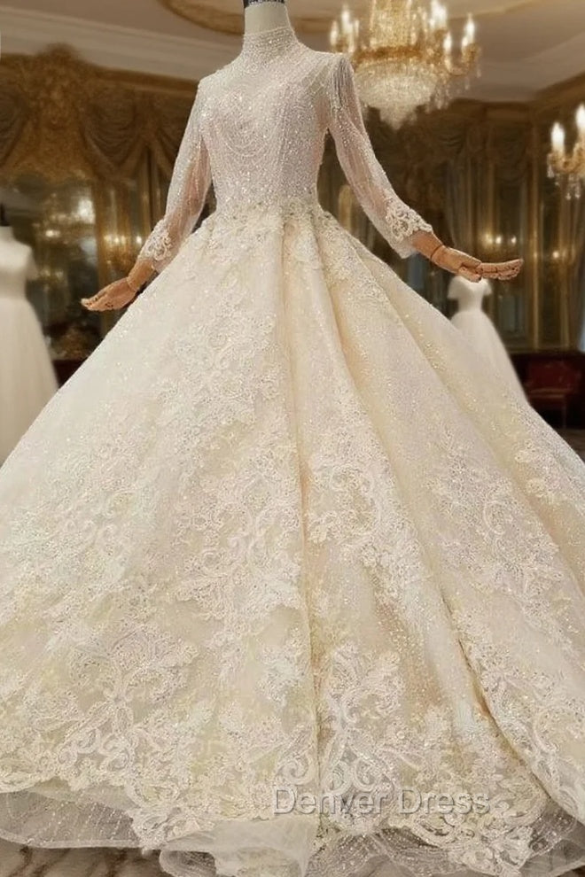 Champagne Tulle Lace Appliques High Neck Long Sleeve Beading Luxury Wedding Dresses
