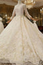 Champagne Tulle Lace Appliques High Neck Long Sleeve Beading Luxury Wedding Dresses