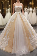 Champagne Tulle Lace Appliques Sweetheart With Beading Prom Dresses