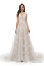 Champagne Tulle Lace Deep V Neck Backless Pearls Wedding Dresses