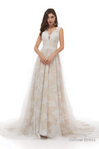 Champagne Tulle Lace Deep V Neck Backless Pearls Wedding Dresses