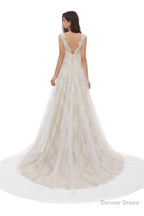 Champagne Tulle Lace Deep V-neck Backless Pearls Wedding Dresses