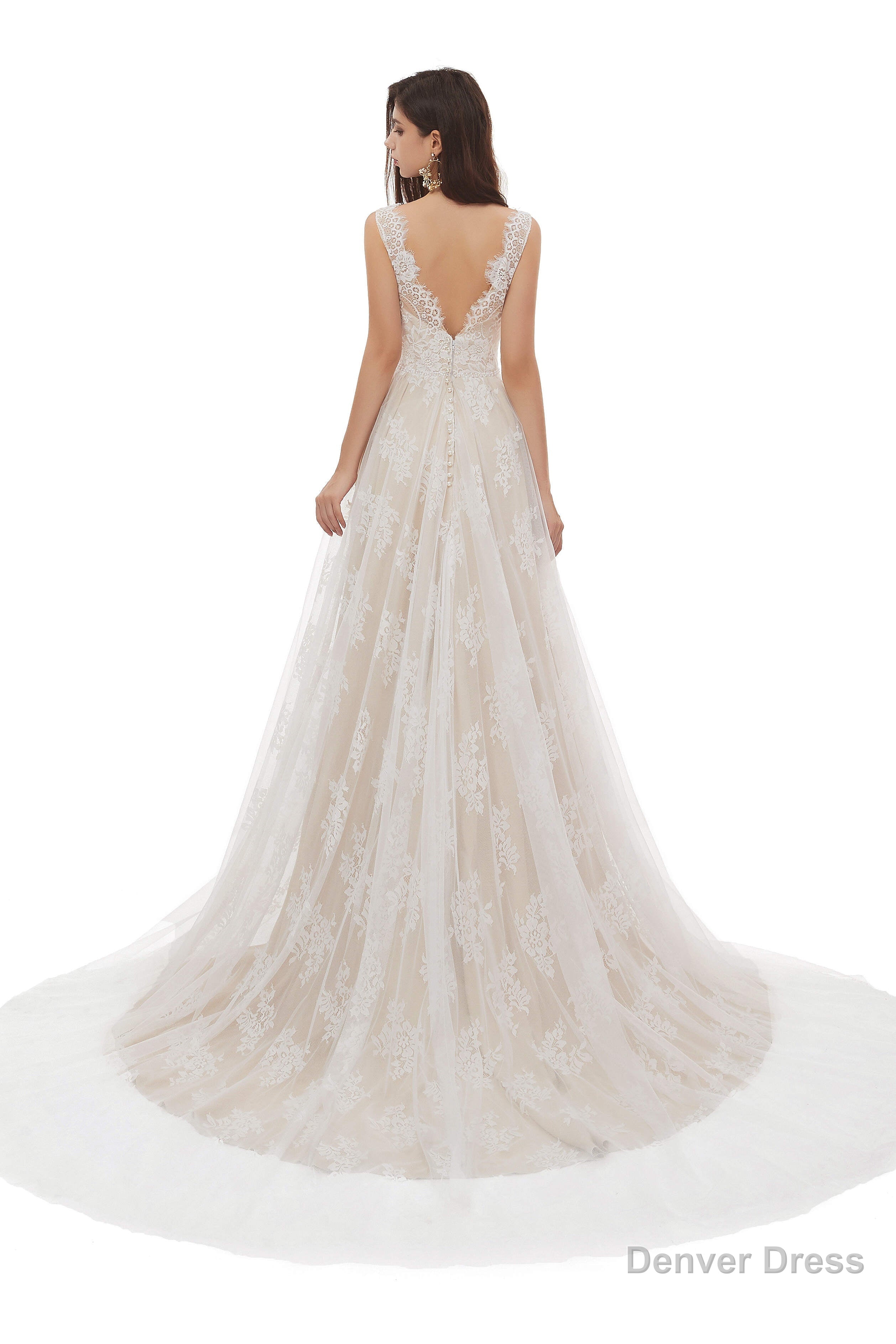 Champagne Tulle Lace Deep V Neck Backless Pearls Wedding Dresses