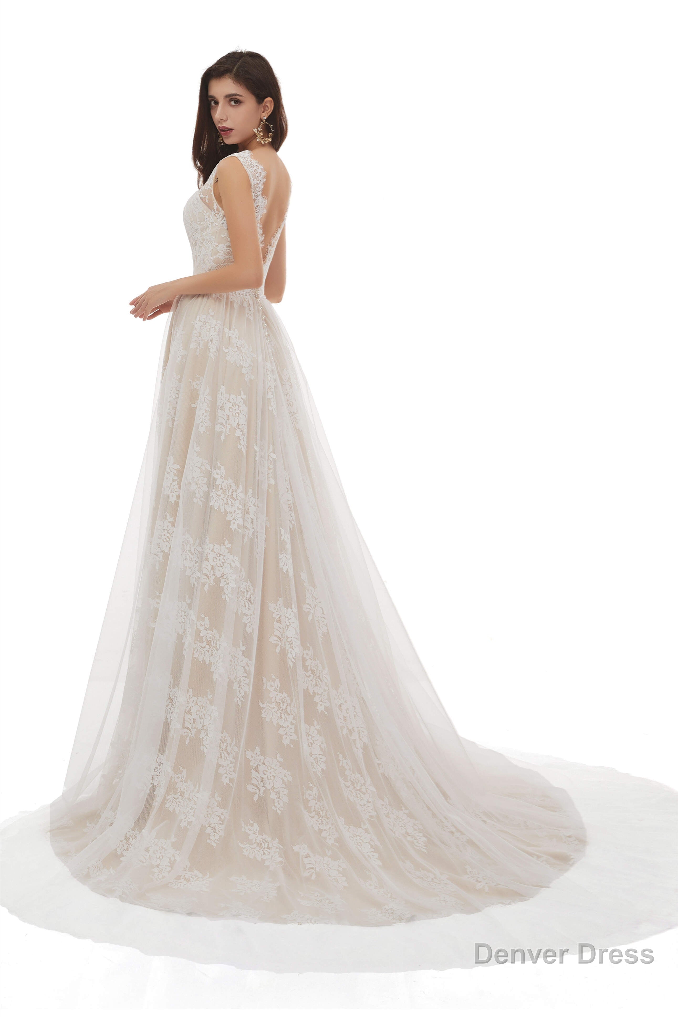 Champagne Tulle Lace Deep V Neck Backless Pearls Wedding Dresses