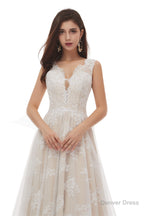 Champagne Tulle Lace Deep V Neck Backless Pearls Wedding Dresses