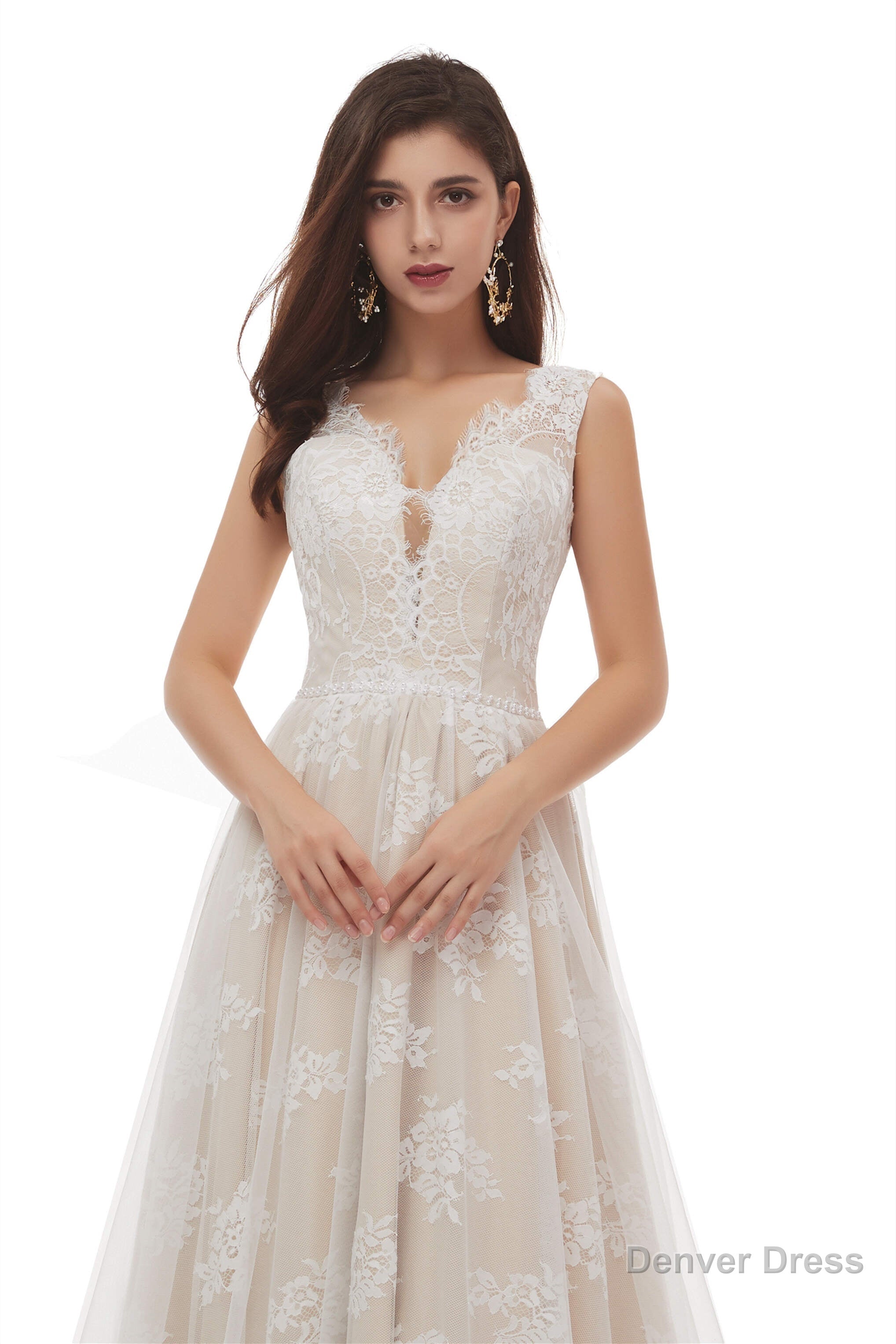 Champagne Tulle Lace Deep V Neck Backless Pearls Wedding Dresses