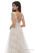 Champagne Tulle Lace Deep V Neck Backless Pearls Wedding Dresses