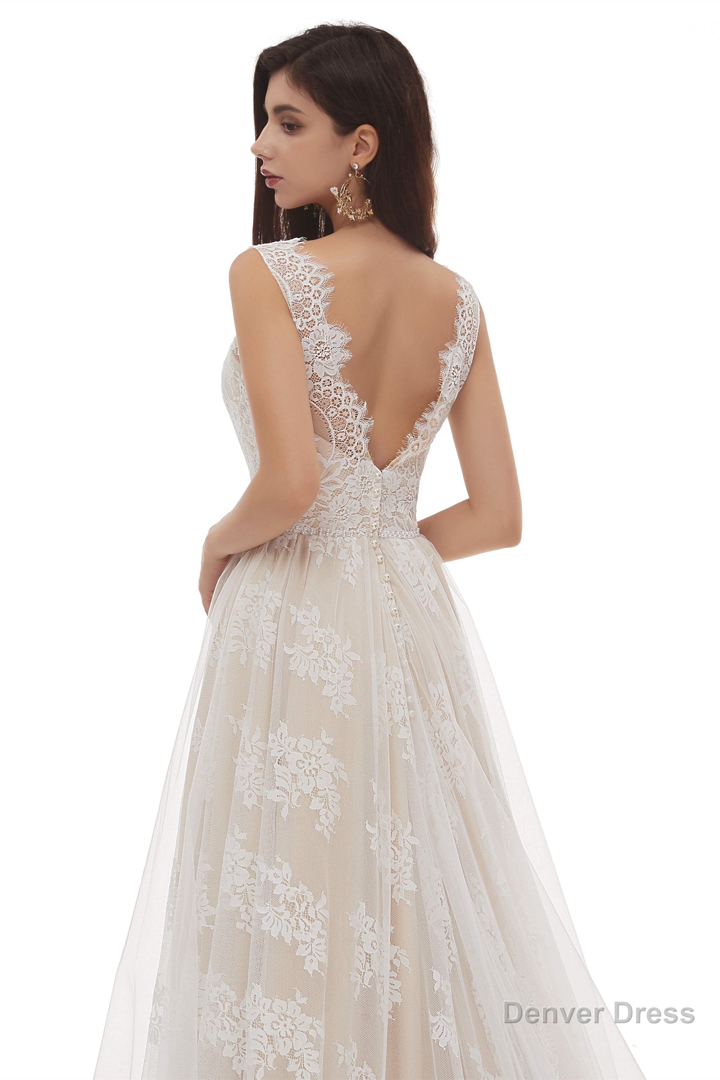 Champagne Tulle Lace Deep V Neck Backless Pearls Wedding Dresses