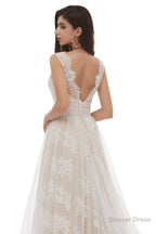 Champagne Tulle Lace Deep V-neck Backless Pearls Wedding Dresses