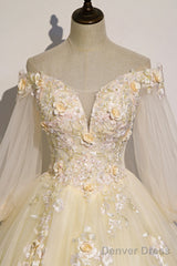 Champagne Tulle Lace Floor Length Prom Dress, Off Shoulder Long Sleeve Evening Dress