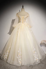 Champagne Tulle Lace Floor Length Prom Dress, Off Shoulder Long Sleeve Evening Dress