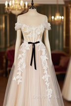Champagne Tulle Lace Long Prom Dress, A Line Off the Shoulder Prom Dresses
