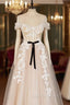 Champagne Tulle Lace Long Prom Dress, A Line Off the Shoulder Prom Dresses