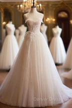 Champagne Tulle Lace Long Prom Dresses, A-Line Spaghetti Straps Backless Evening Dresses