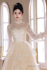 Champagne Tulle Lace Long Prom Dress, Beautiful Long Sleeve Evening Party Dress