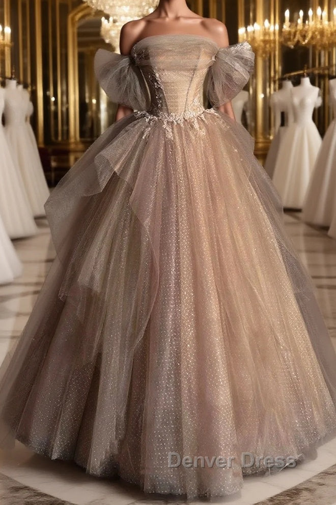 Champagne Tulle Lace Long Prom Dress, Champagne Prom Dresses Main image
