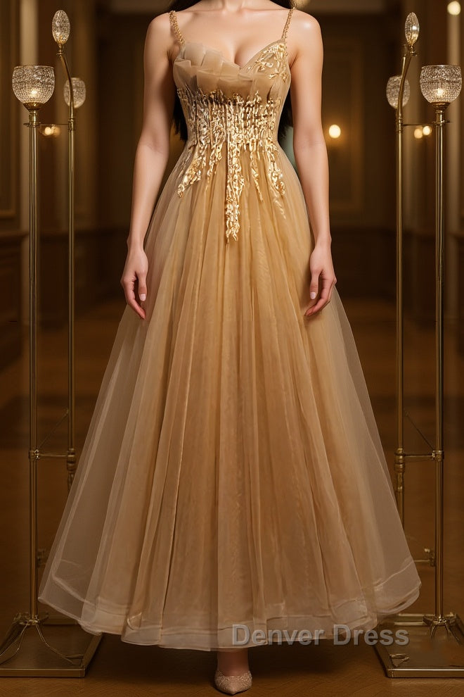 Champagne tulle lace long prom Dress champagne Prom Dresses Main image