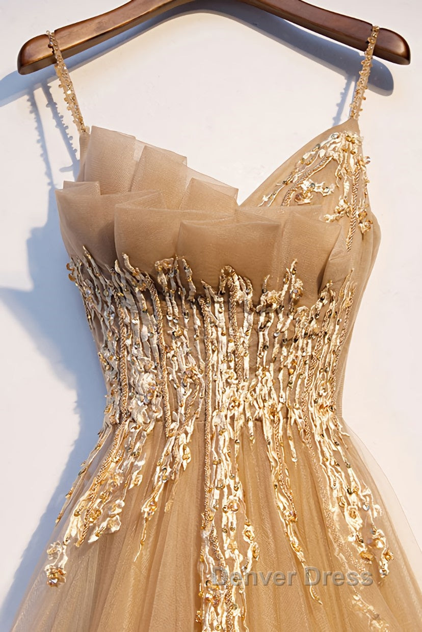 Champagne tulle lace long prom Dress champagne Prom Dresses