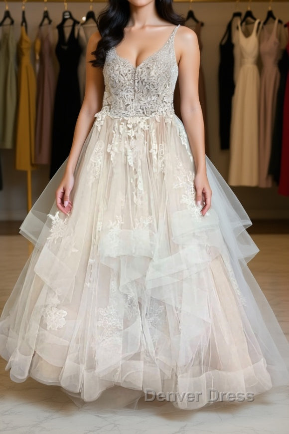 Champagne tulle lace long prom Dress champagne lace Prom Dresses
