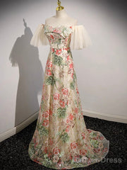 Champagne Tulle Lace Long Prom Dress, Champagne Long Formal Dress