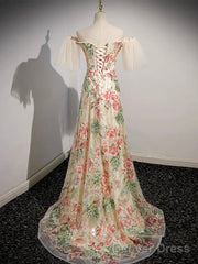 Champagne Tulle Lace Long Prom Dress, Champagne Long Formal Dress