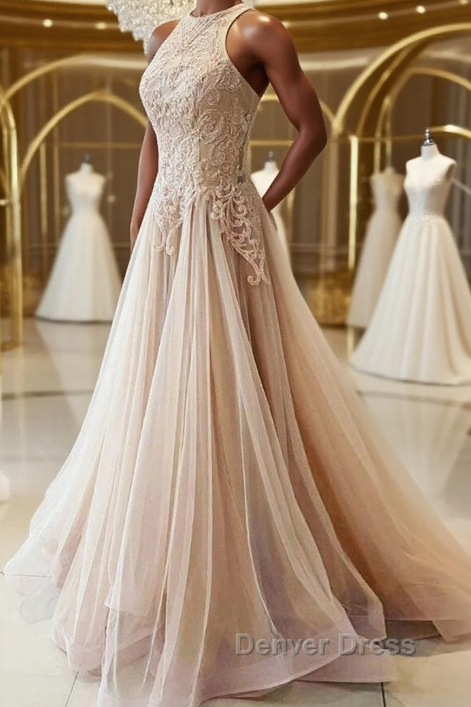 Champagne tulle lace long prom Dress, champagne tulle Prom Dresses Main image