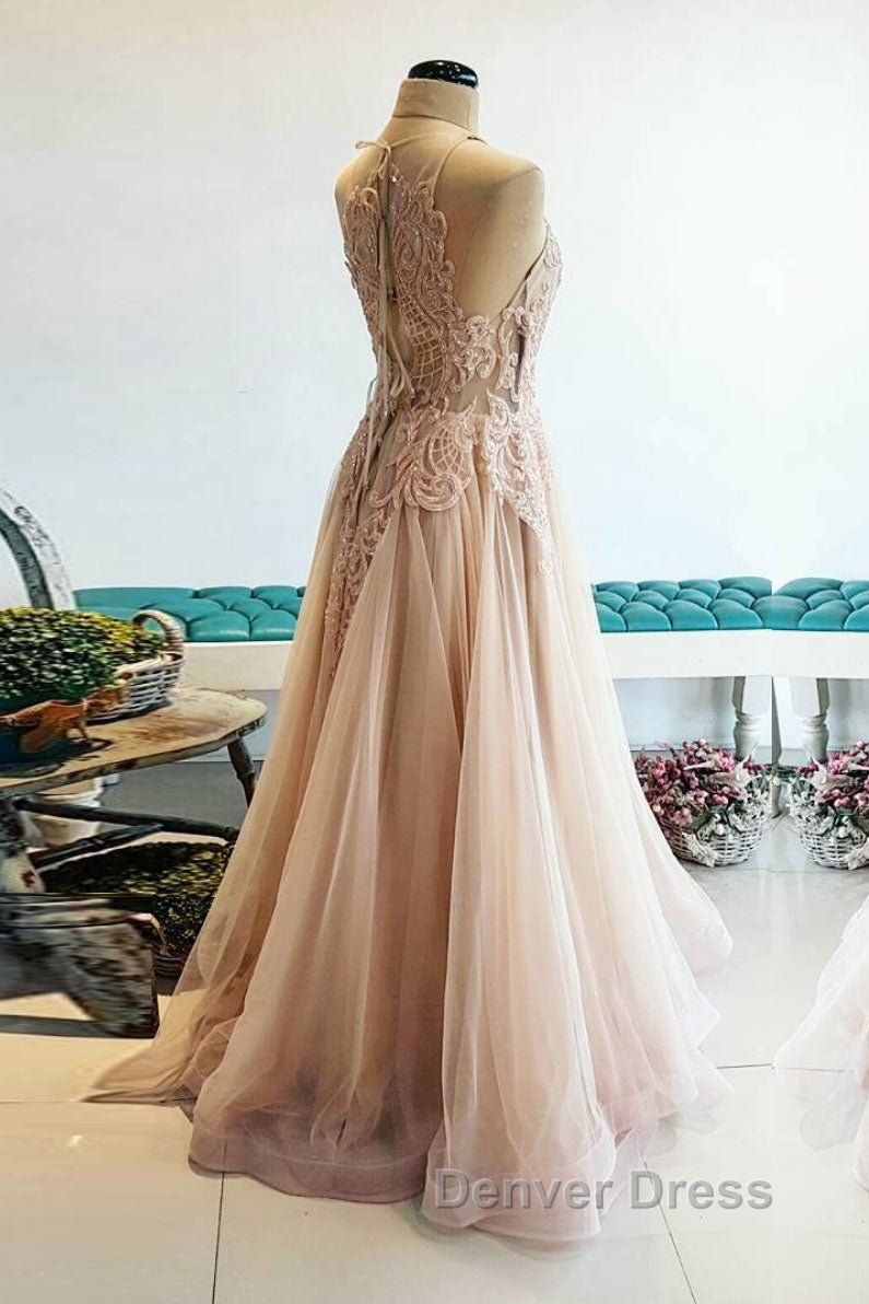 Champagne tulle lace long prom Dress, champagne tulle Prom Dresses