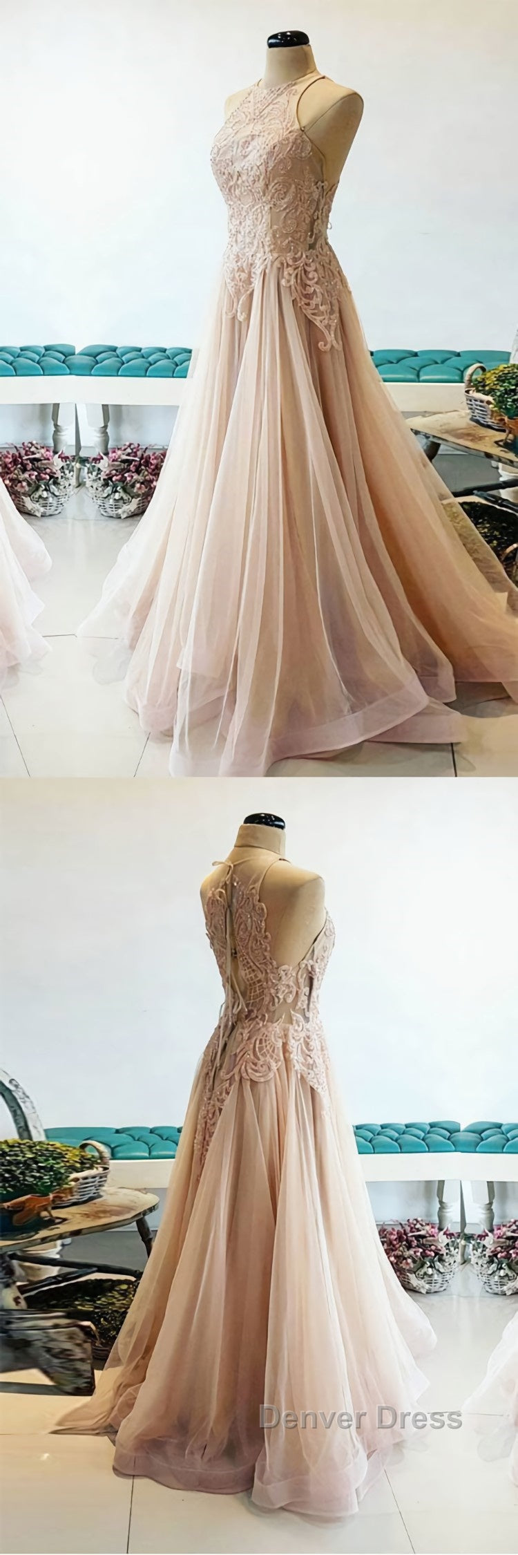 Champagne tulle lace long prom Dress, champagne tulle Prom Dresses
