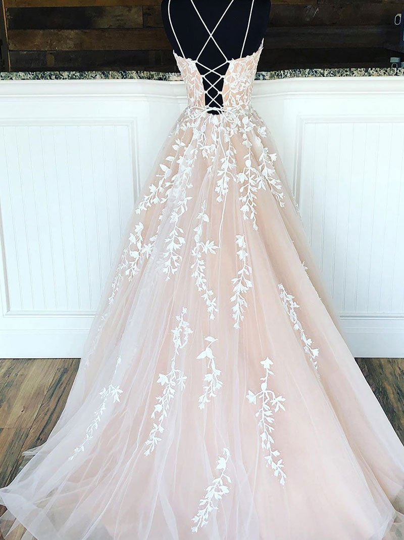Champagne Tulle Lace Long Prom Dresses Lace Tulle Evening Dresses