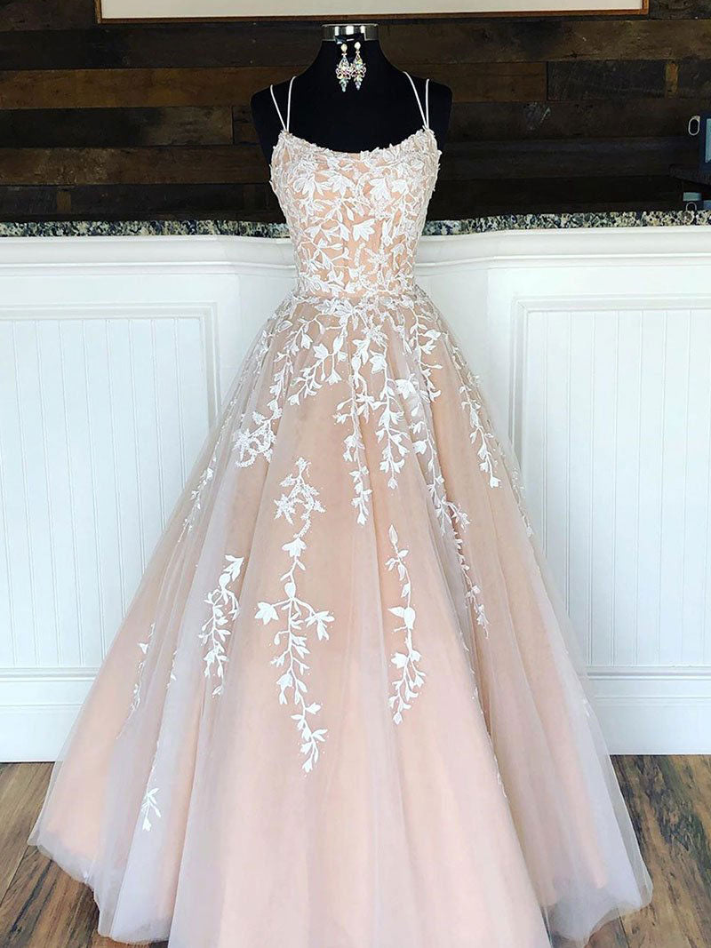 Champagne Tulle Lace Long Prom Dresses Lace Tulle Evening Dresses