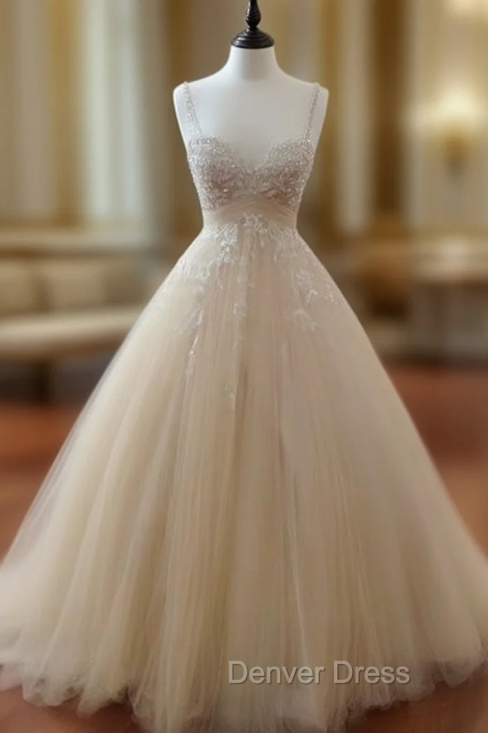 Champagne Tulle Lace Long Prom Dress, Lace Wedding Dresses Main image