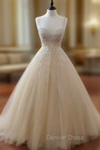 Champagne Tulle Lace Long Prom Dress, Lace Wedding Dresses