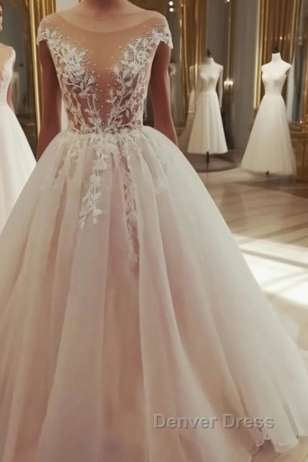 Champagne tulle lace long prom Dress, tulle Prom Dresses