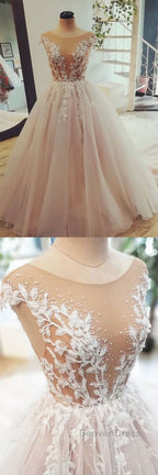 Champagne tulle lace long prom Dress, tulle Prom Dresses