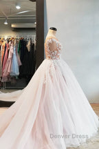 Champagne tulle lace long prom Dress, tulle Prom Dresses