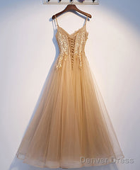Champagne Tulle Lace Long Prom Dress Tulle Lace Formal Dress