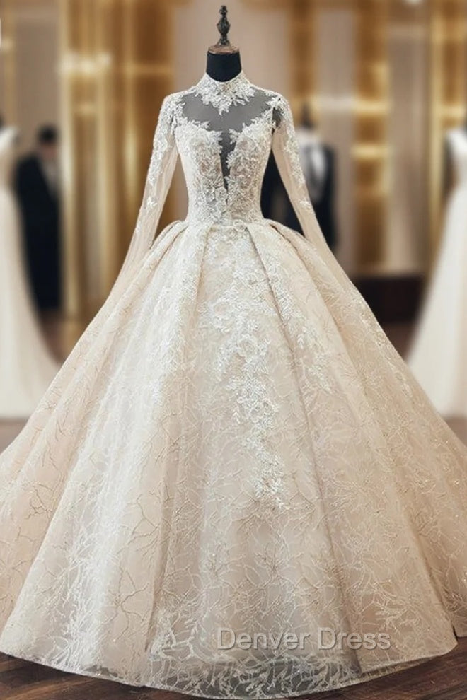 Champagne Tulle Lace Long Sleeve High Neck Backless Wedding Dresses With Pearls Main image