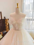 Champagne Tulle Lace Long Wedding Dresses, Lace Tulle Wedding Gown