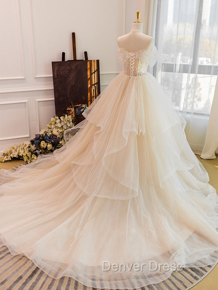 Champagne Tulle Lace Long Wedding Dresses, Lace Tulle Wedding Gowns