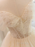 Champagne Tulle Lace Long Wedding Dresses, Lace Tulle Wedding Gown