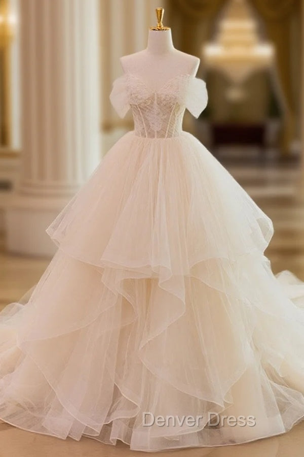 Champagne Tulle Lace Long Wedding Dresses, Lace Tulle Wedding Gowns Main image