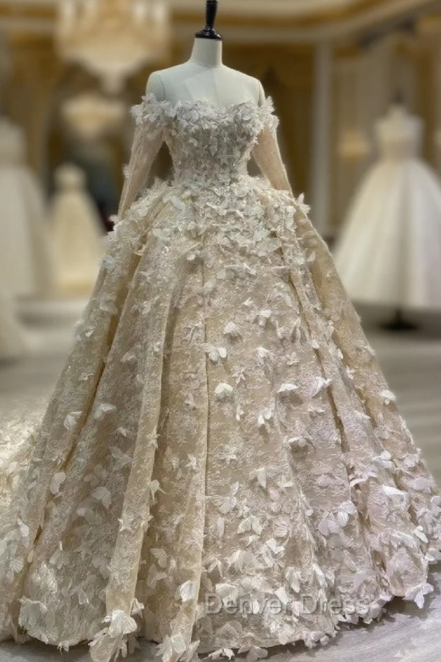 Champagne Tulle Lace Off the Shoulder Butterfly Appliques Wedding Dresses Main image